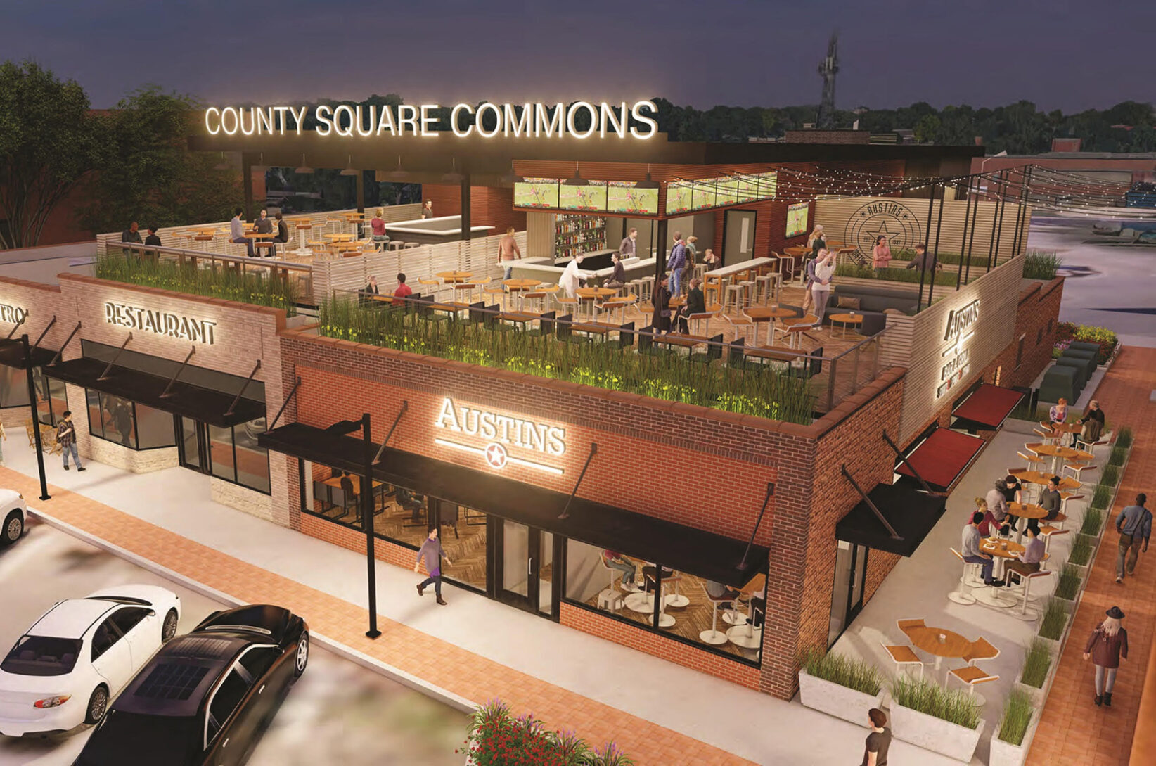 A rendering of the County Square Commons redevelopment in downtown Olathe, which includes a rooftop Austin’s Bar & Grill location; image courtesy of LANE4