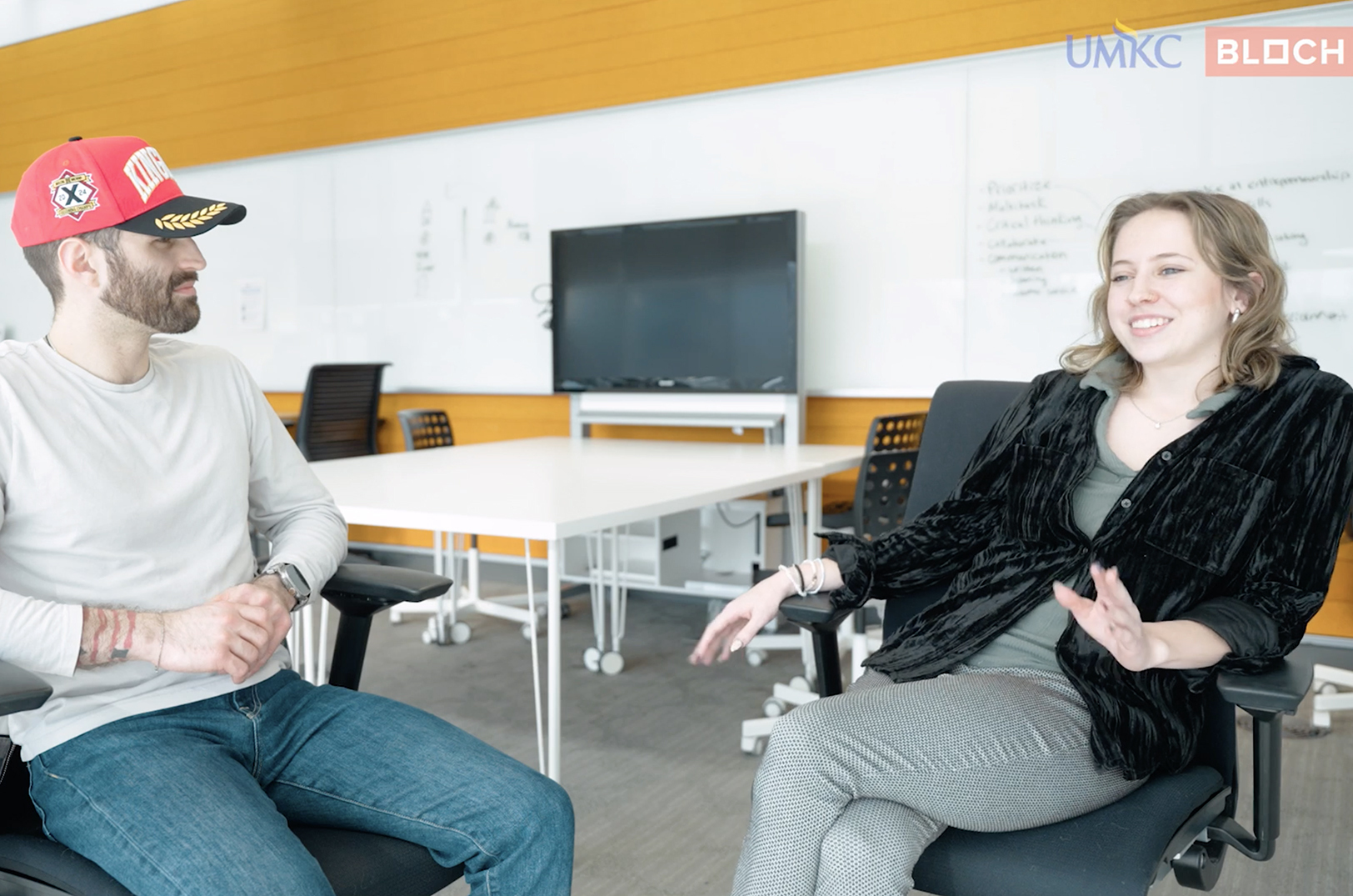 Riley Rhoads, right, talks about the journey of her side hustle, Hold Tight Baby, with Sam Kulikov for the UMKC Student Venture Series podcast; courtesy image