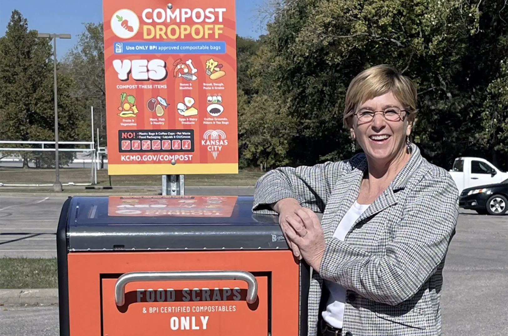 Newly introduced composting technology is already turning new ground in Kansas City, Kristan Chamberlain said, with more solar-powered compost cans arriving later this spring across the metro’s urban landscape.

Kristan Chamberlain stands with one of the new smart cans from KC Can Compost; courtesy photo
