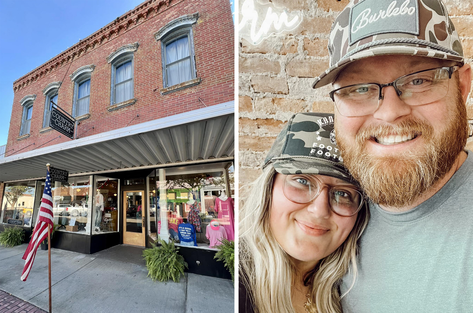 Left: Country Charm in downtown Warsaw Missouri; right: owner Jennifer Flores and Colin Kabler; courtesy photos