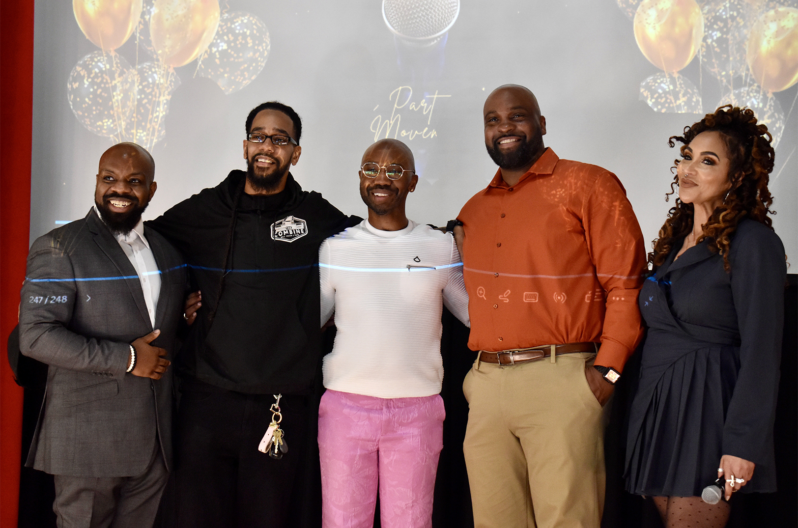 Brandon Calloway, Kansas City GIFT; Alan Kneeland, The Combine; Godfrey Riddle, Civic Saint; William Fondren, Hive + Harvest; and Karris Harrington, KC GIFT; stand in the winners circle at the Delta Athenaeum during the Pitch Black Business Summit; photo by Nikki Overfelt Chifalu, Startland News