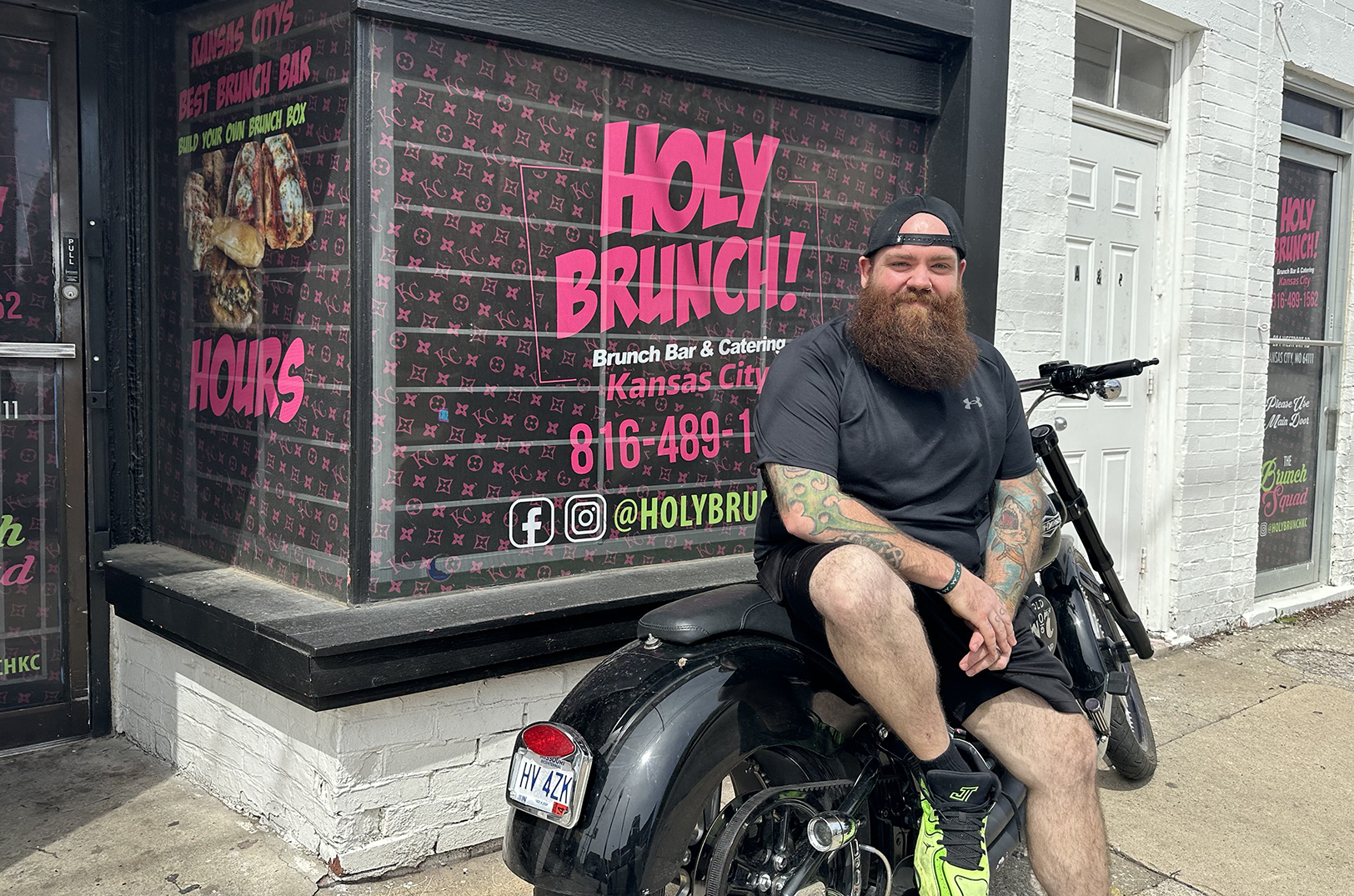 Drue Stewart, Holy Brunch KC, outside his location at 204 Westport Road; photo by Joyce Smith