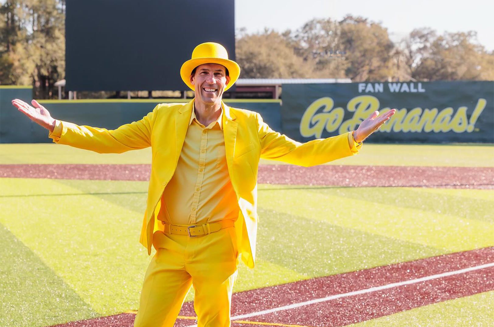 Jesse Cole stands on the Savannah Bananas' home field in Savannah, Georgia, for the team's 2025 opening day; courtesy photo