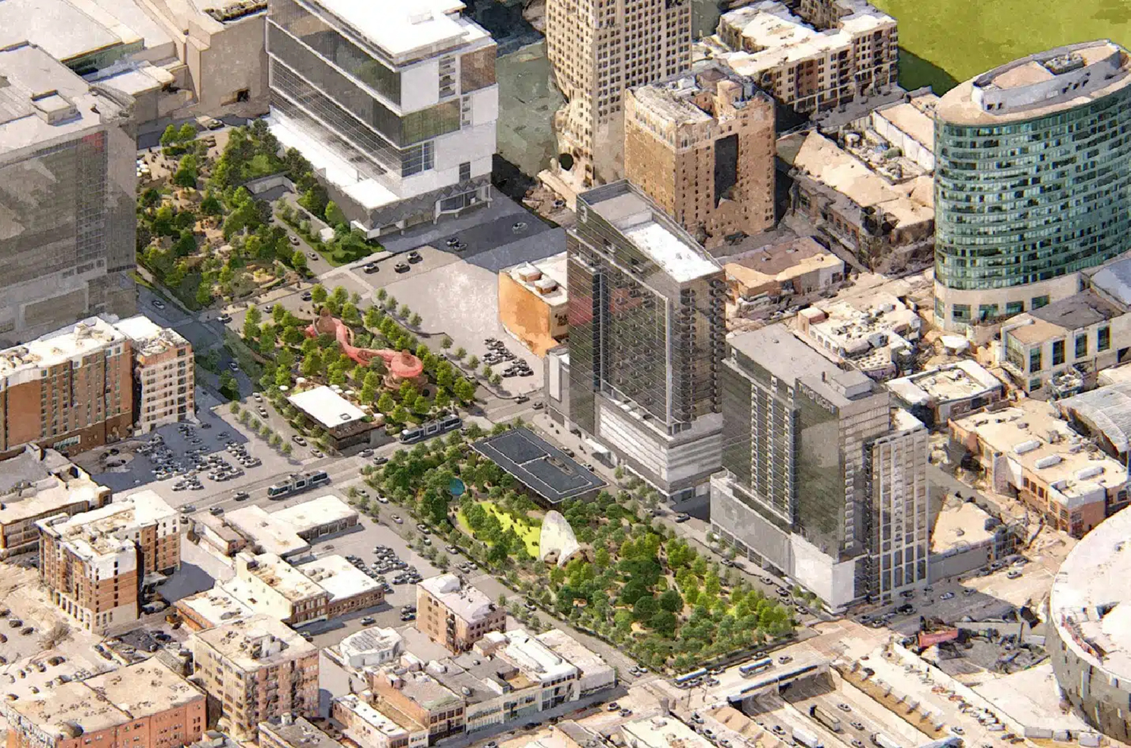 Roy Blunt Luminary Park — just blocks from H&R Block's world headquarters and at the foot of the Power & Light District — is expected to feature an open green lawn, public art, outdoor seating with shade structures, and could include playgrounds, dog parks, and arts and amphitheater programming; rendering courtesy of OJB Landscape Architecture