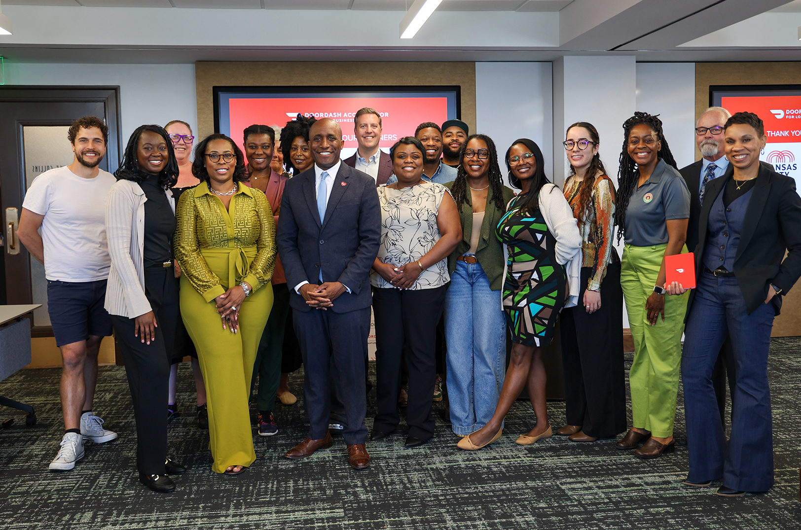 Members of the inaugural cohort for DoorDash's Kansas City Accelerator for Local Restaurants program with city, regional and business officials; photo by Megan Strickland, KCMO