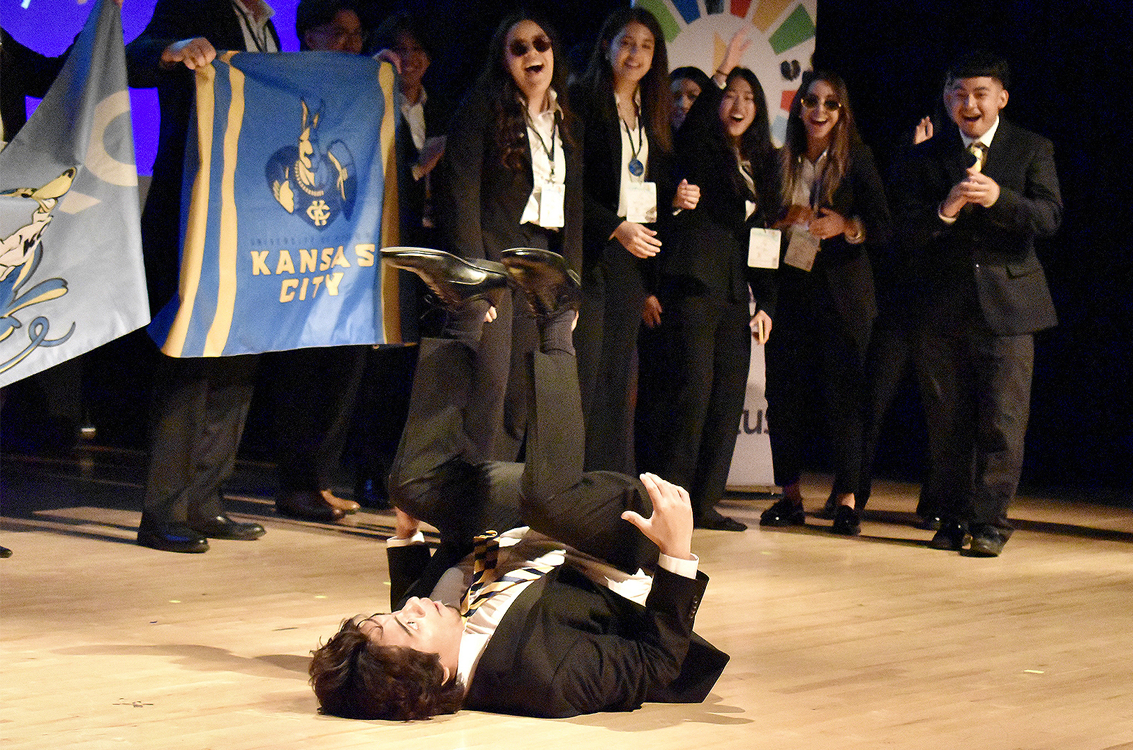 A UMKC student turns the Enactus stage into a dance floor as teams from across the US introduce themselves via choreographed routines; photo by Nikki Overfelt Chifalu, Startland News