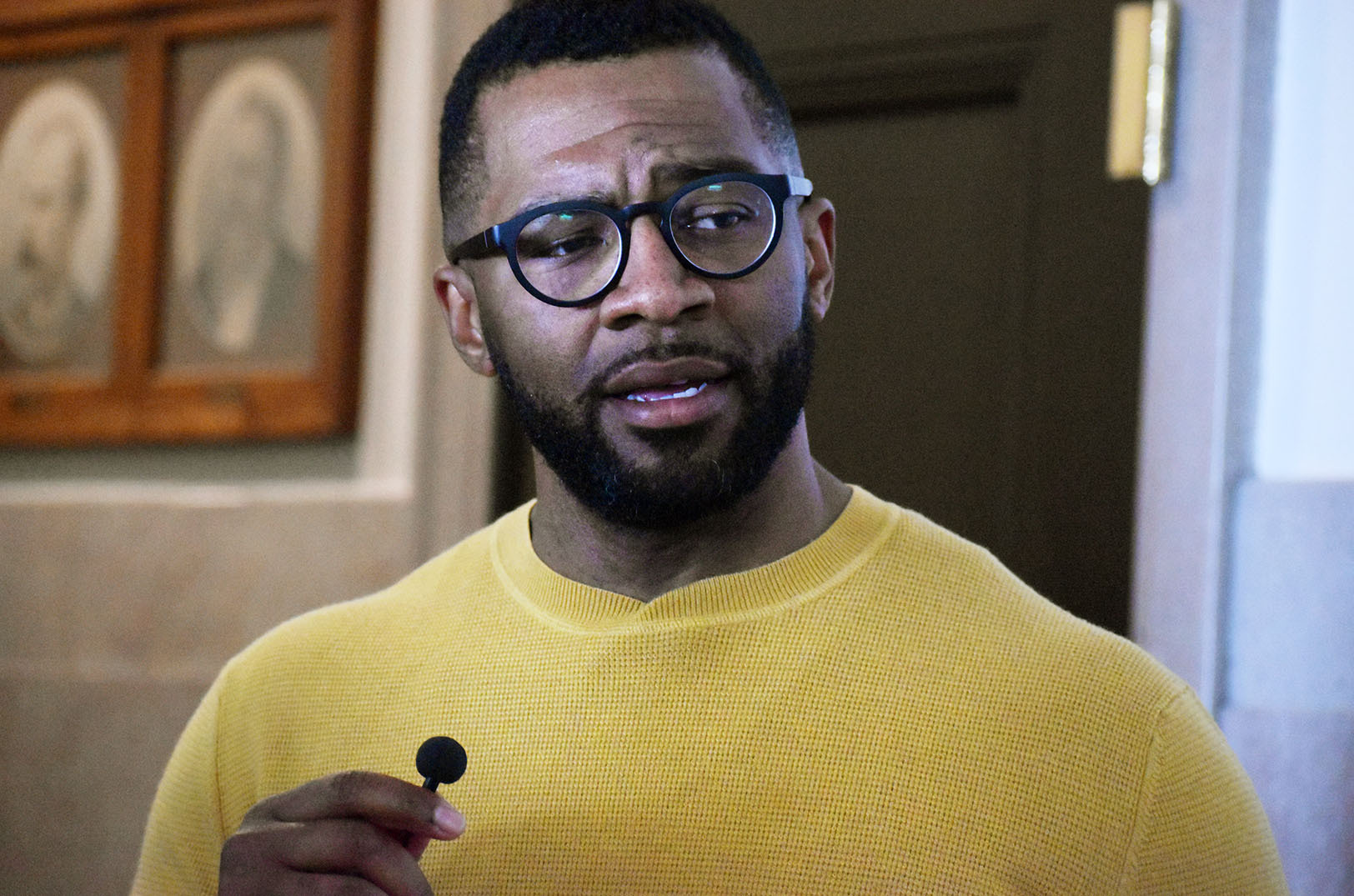 Chris Goode, owner of Ruby Jean's Juicery, speaks to members of the media after his proposal to rename Troost Avenue failed to advance amid opposition from Mayor Quinton Lucas; photo by Nikki Overfelt Chifalu, Startland News