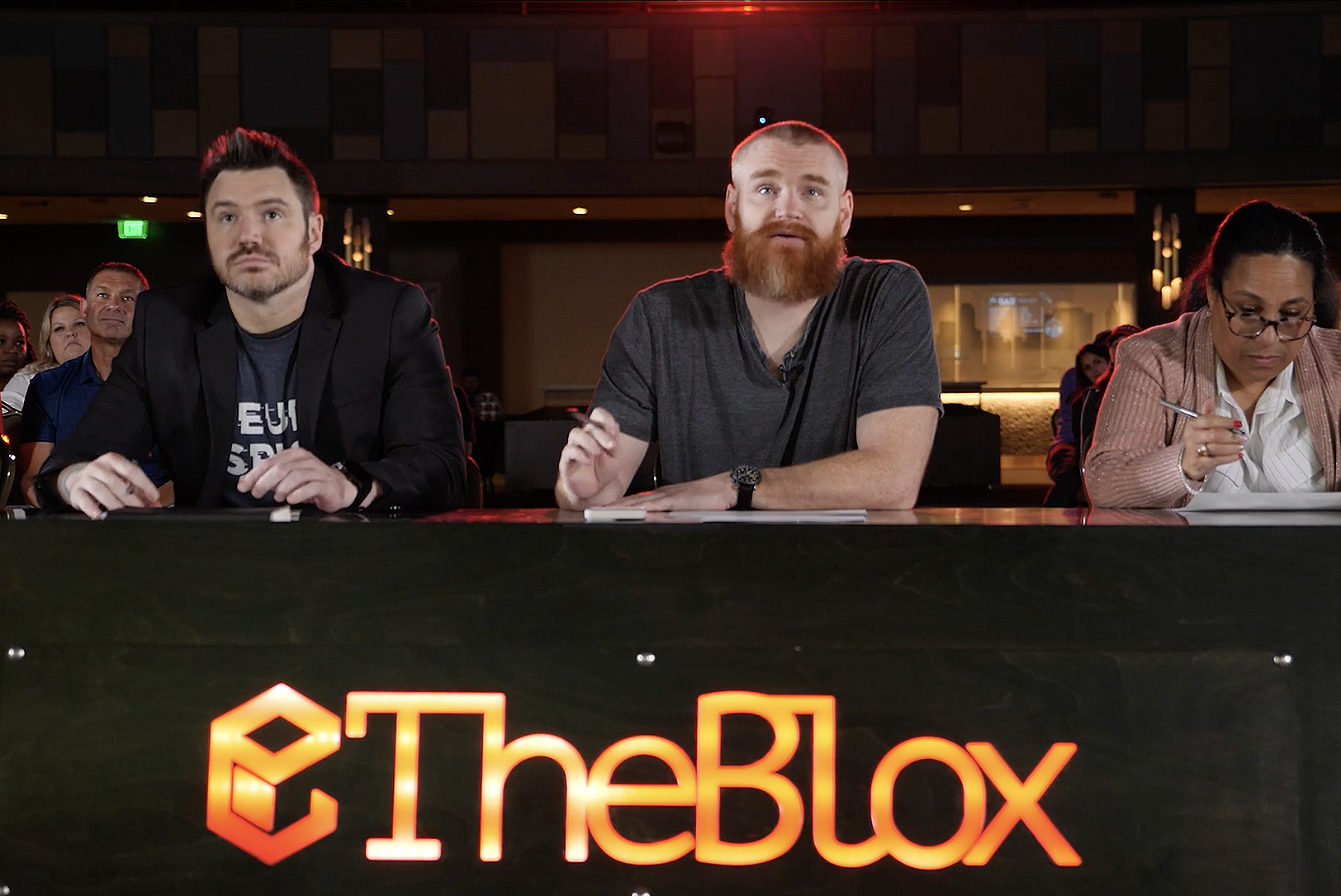 Weston Bergmann, founder and creator of The Blox, sits at the judge's table during a taping of Season 17 of The Blox; photo courtesy of The Blox