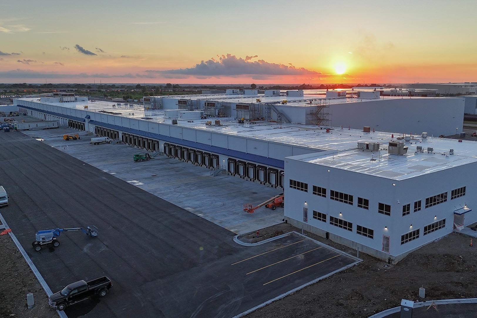 The sun rises over Americold’s Import-Export Hub within the I-49 Logistics Center  in South Kansas City; photo courtesy of Economic Development Corporation of Kansas City (EDCKC)