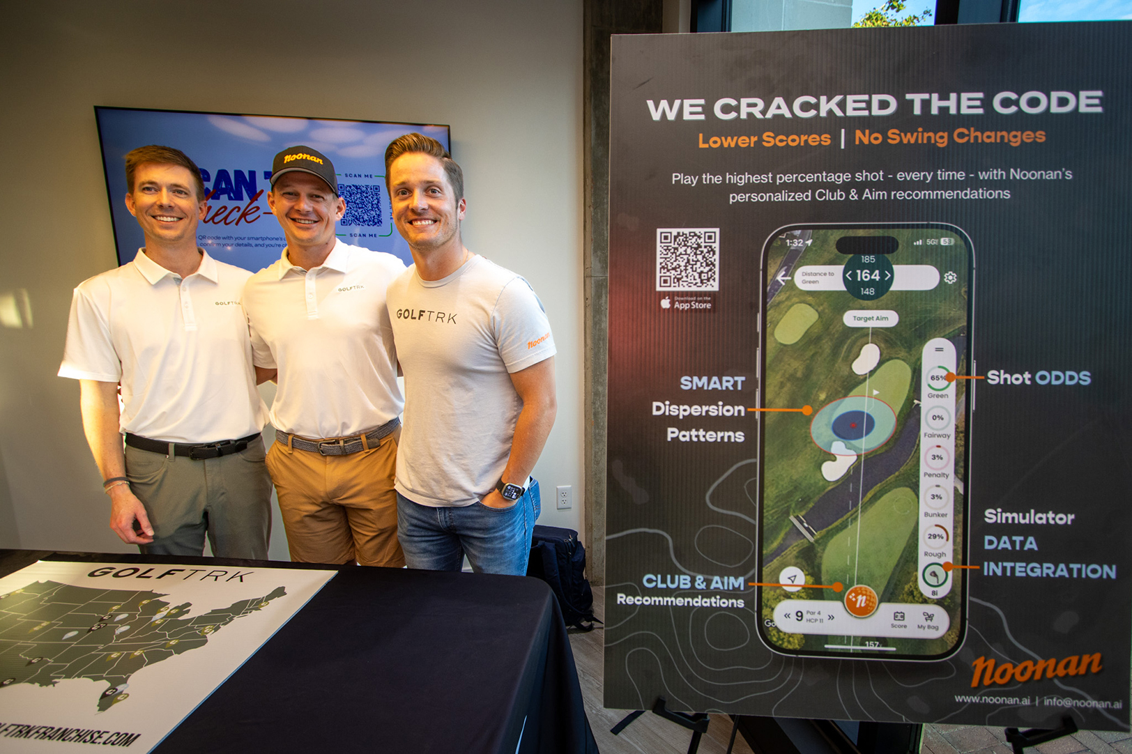 Noonan/Albatross Golf co-founders Sam Collins and Matt Williams with Tanner Barnhard, vice president of GolfTRK, at Startland News' 2025 Startup Crawl event at Spark Kansas City; photo by Haines Eason