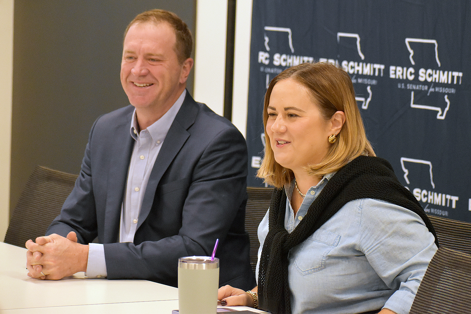 U.S. Eric Schmitt, R-Missouri, and Kara Lowe, CEO of KC Tech Council, during a roundtable conversation AI and tech in Kansas City; photo by Taylor Wilmore, Startland News