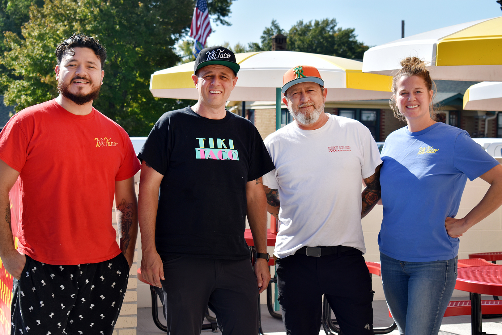 Carlos Ruiz-Finch, executive chef; Eric Knott, CEO; Jason Kinslow, director of operations and partner; and Meredith Schulte, marketing manager; outside Tiki Taco's Shawnee location; photo by Taylor Wilmore, Startland News