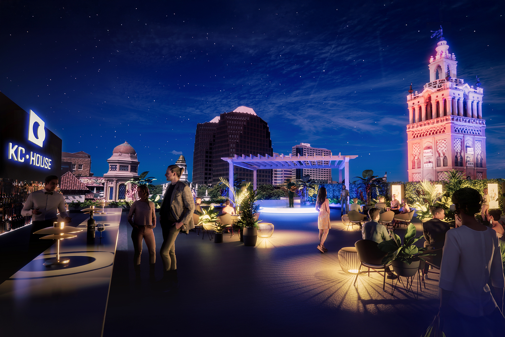 Rendering of a rooftop outdoor space at the KCHouse featuring cocktail hours paired with jazz and acoustic performances for an invite-only crowd of global leaders, civic stakeholders and business partners during Kansas City's 2026 World Cup festivities; image courtesy of Populous