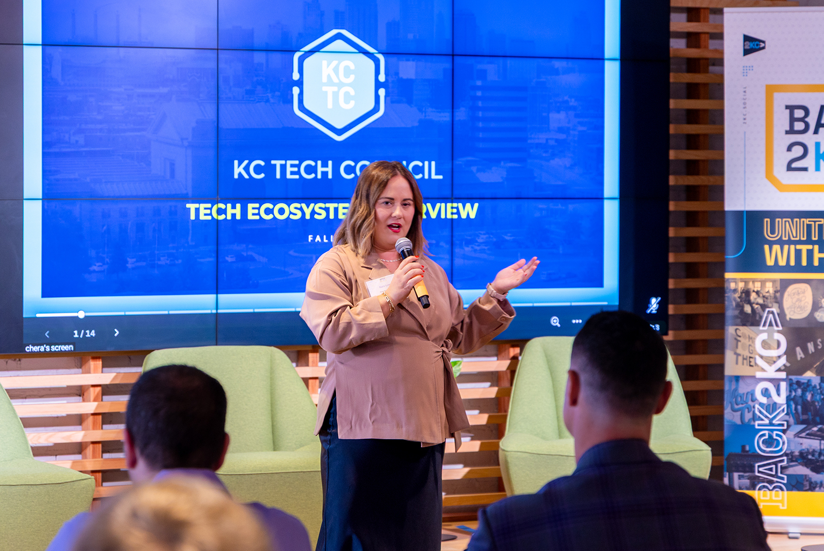 Kara Lowe, president and CEO of the KC Tech Council, presents a tech ecosystem overview to participants in the 2025 Back2KC program in September at Safety Culture's U.S. headquarters in Kansas City's Crossroads; photo courtesy of Back2KC