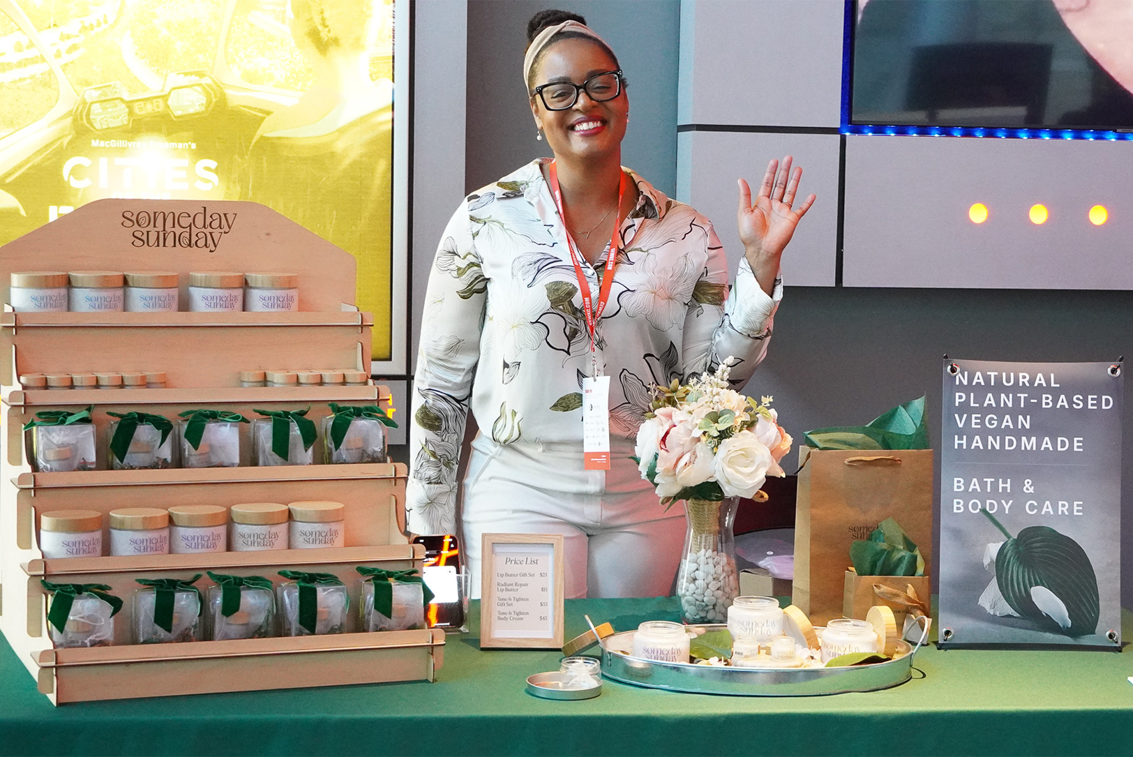 LaToya Ebony Sirls, founder of Someday Sunday, greets 2024 GEWKC participants during a Maker Fair at Union Station; photo courtesy of KCSourceLink