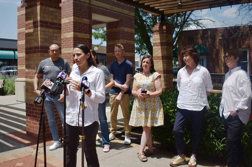 U.S. Rep. Sharice Davids speaking in downtown Overland Park