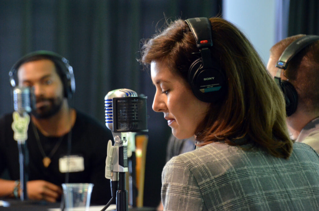 Callie England at Startland's April Innovation Exchange, a live Startup Hustle podcast on Startup Burnout, presented by Full Scale