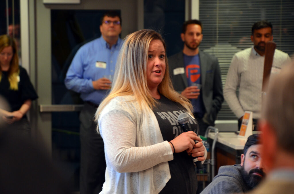 Jessica Powell, program manager for Back2KC, speaks about the program in May 2019 at a Startland News Innovation Exchange event; photo by Tommy Felts, Startland News