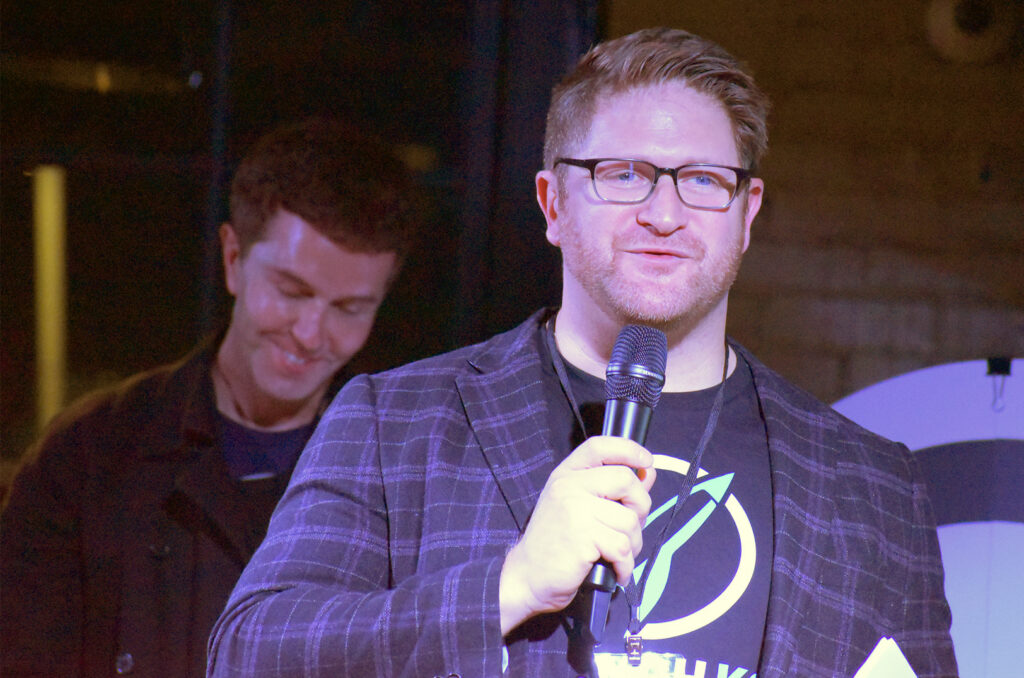 Jim Erickson, EDCKC, speaks alongside Tommy Wilson, Downtown Council, during the LaunchKC reveal event in November 2024; photo by Nikki Overfelt Chifalu, Startland News