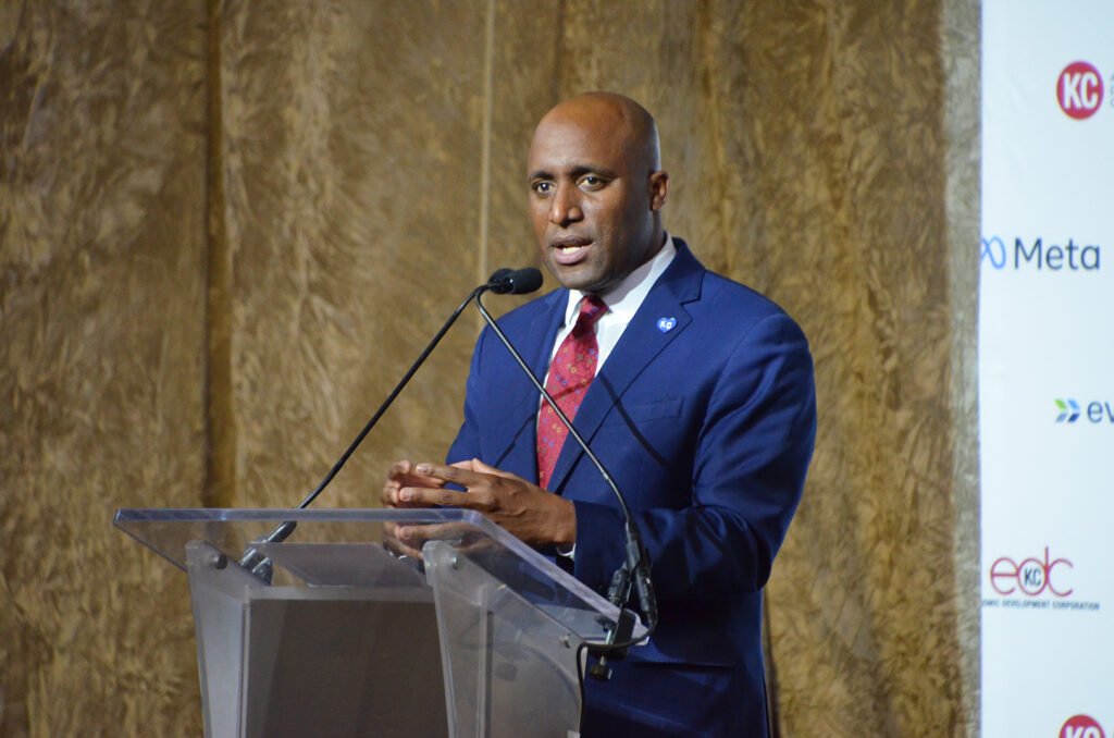 KCMO Mayor Quinton Lucas speaks at Union Station during the announcement of Meta's new $800 million data center in Kansas City
