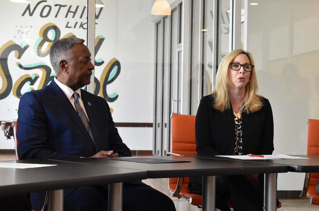 Whitney Bartelli, CommunityAmerica Credit Union, speaks during an announcement event for the 2022 Pro X student internship