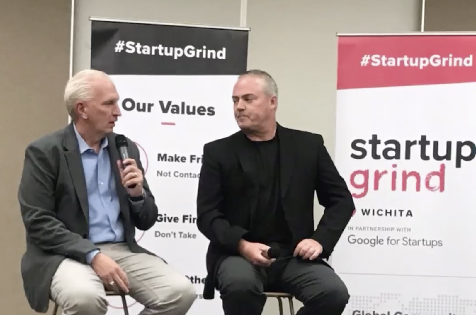 Steve Radley, Network Kansas, left, at a recent Startup Grind Wichita event