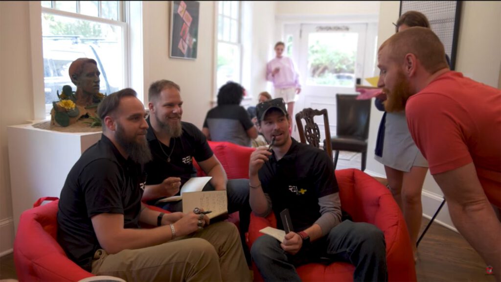 Weston Bergmann, creator of "The Blox", working with founders of Tulsa-based REI Pro+ on set