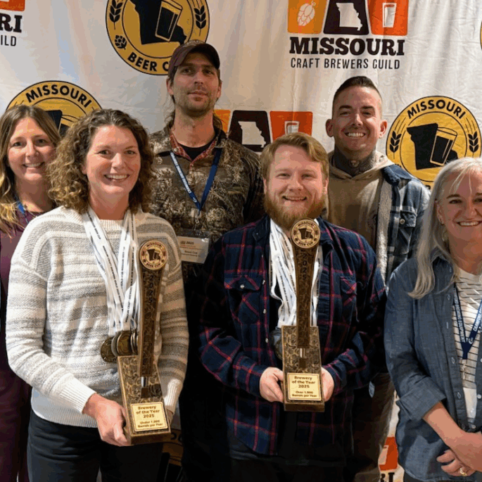 Missouri Beer Cup "Brewery of the Year" winners: Amber Ayers, director of experience at Boulevard Brewing Company; Mary Rooney, co-owner of BKS Artisan Ales; Brent Cox, Barrel Wrangler at Boulevard; Zach Winters, brewer at Boulevard; Greg Garrity, innovation brewer at Boulevard; and Sherry Wohlgemuth, executive director of Missouri Craft Brewers Guild; photo courtesy of the Missouri Craft Brewers Guild
