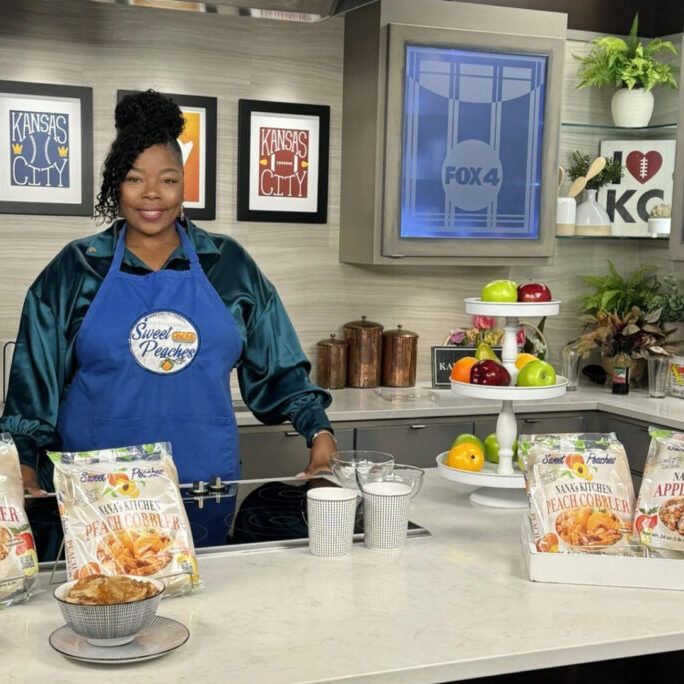 Denisha Jones, founder of founder of Sweet Peaches Cobblers, promotes her frozen cobblers during a kitchen demo on FOX 4; courtesy photo
